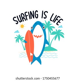 Hand drawing shark print design with slogan. Vector illustration design for fashion fabrics, textile graphics, prints.