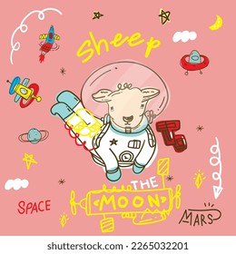 dibujo a mano estrellas de oveja fondo Espacio ultraterrestre ilustración Cute animales astronautas en cascos, creativos diseños de vivero perfectos para los niños habitación, tela, envoltura, papel pintado