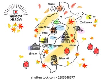 hand drawing SHIGA JAPAN in Autumn tourist spot map, vector