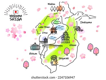 hand drawing SHIGA JAPAN in Spring tourist spot map, vector