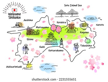 hand drawing SHIKOKU JAPAN in Spring tourist spot map, vector