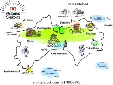 hand drawing SHIKOKU JAPAN tourist spot map illustration