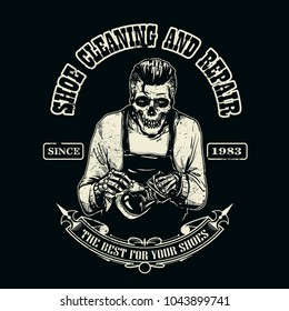 Hand drawing shoe shiner skeleton for shoes care logo