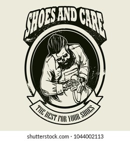 Hand drawing shoe shiner skeleton for shoes care and repair logo