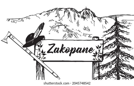 Hand drawing showing a wooden plaque with the name of the city of Zakopane, mountains and symbols of highlander folklore. svg