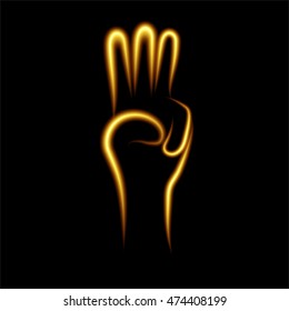 Hand drawing shows three fingers with fire