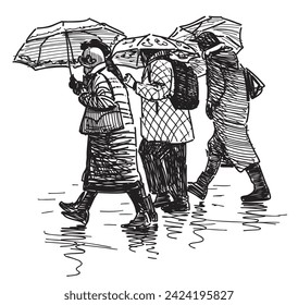 Dibujo manual de la vista lateral habitantes casuales de la ciudad bajo paraguas caminando por la calle urbana en lluvia, ilustración vectorial en blanco y negro aislada en blanco