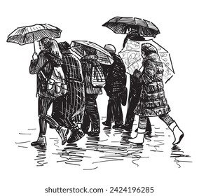 Hand drawing of side view casual urban dwellers under umbrellas walking down city street in raining, black and white vector illustration isolated on white