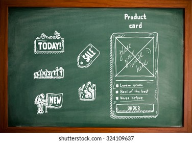 Hand drawing sign set for online store on green chalkboard. Vector illustration.