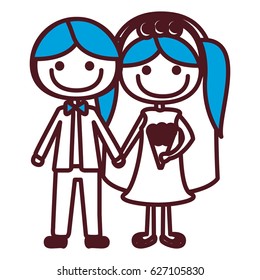 hand drawing silhouette caricature groom with formal suit and bride with blue pigtails vector illustration