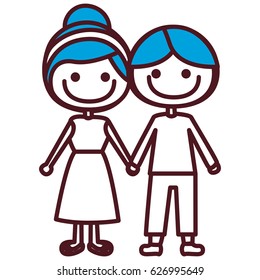 hand drawing silhouette caricature man blue hair and woman blue collected hairstyle with taken hands vector illustration