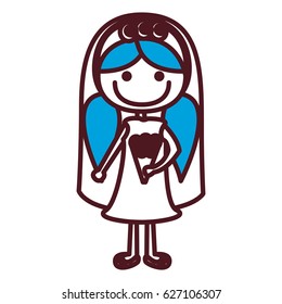 hand drawing silhouette caricature woman in wedding dress with blue pigtails hairstyle vector illustration