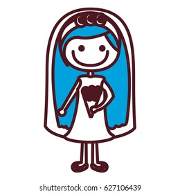 hand drawing silhouette caricature woman in wedding dress with blue long hair vector illustration