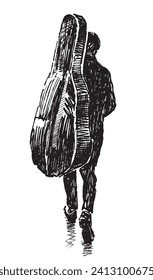 Hand drawing of silhouette casual citizen pedestrian musician carrying cello in a case walking outdoors alone