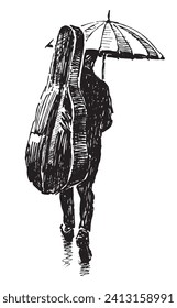Hand drawing of silhouette casual citizen pedestrian musician carrying cello in a case walking under umbrella outdoors alone