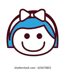 hand drawing silhouette front face girl with blue short hair and bow lace vector illustration
