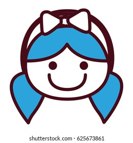 hand drawing silhouette front face girl with blue pigtails hair and bow lace vector illustration