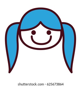 hand drawing silhouette front face girl with blue pigtails hair vector illustration