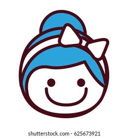 hand drawing silhouette front face girl with blue collected hairstyle and bow lace vector illustration