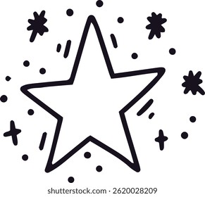 Hand drawing a simple star surrounded by playful sparkles and tiny dots, creating a whimsical and festive design that radiates joy and celebration