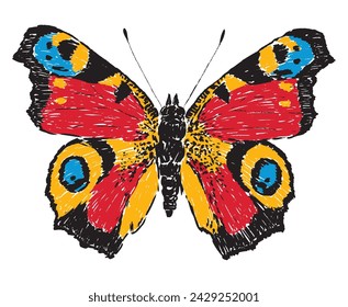 Dibujo a mano de mariposa de pavo real brillante de un solo color, ilustración vectorial aislada en blanco