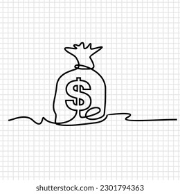 Hand drawing single one line of, illustration of a bag of money