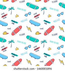 Hand drawing skateboard and other icons seamless pattern vector.