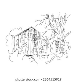 Hand drawing sketch abandoned shed in the forest. Perfect print for tee, poster, card, sticker. Doodle vector illustration.


