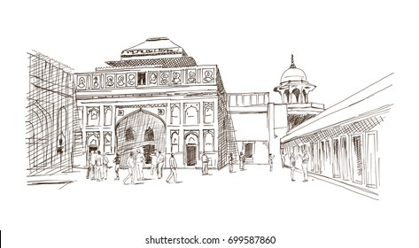 Hand drawing sketch of Agra Fort India in vector illustration.