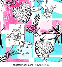 Hand drawing sketch botanical and tropical leaves on watercolor sweet tone seamless pattern vector design for fashion,fabric,wallpaper,web and all prints