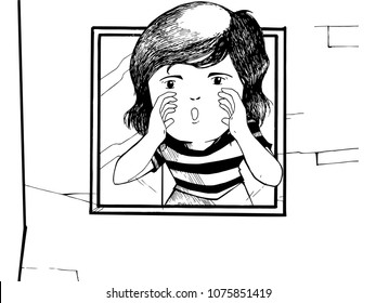 Hand Drawing sketch boy in window black white vector illustration