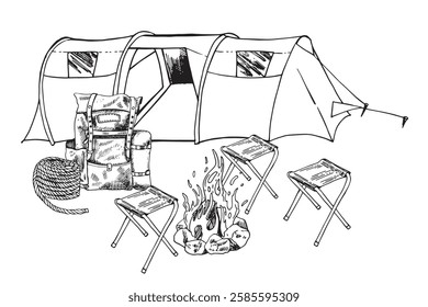 hand drawing sketch camping tent and bonfire backpack, rope. Hiking vector illustration. pleasure time in wild nature . Composition of holiday .