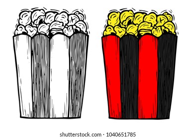 Hand Drawing / Sketch with Colors Red, Black, Yellow Popcorn Snack Theater Movie Entertainment Tasty Delicious Food . Graphic Design Resources, Element, Concept, Vector Illustration.