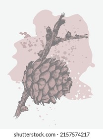 Cono de dibujo manual con rama de árbol. Para imprimir camiseta, estuche para teléfono, nota. Ecoconcepto. EPS10. Ilustración realista