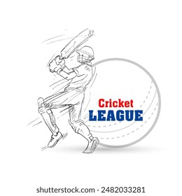 Hand drawing, sketch of cricket batsman and logo. Background with cricket League text.