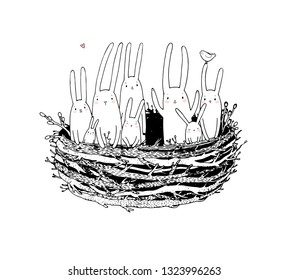 Hand drawing sketch. Cute cartoon bunnies in the nest. Easter bunny. Children's tale.