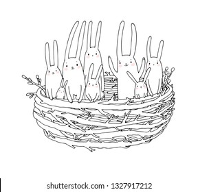 Hand drawing sketch. Cute cartoon bunnies in the nest. Easter bunny. Children's tale.