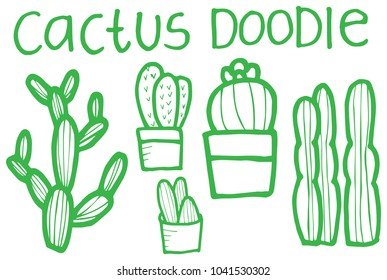 Hand Drawing, Sketch, Doodle - Cute Mexican  Mexico Green Cactus Cacti Nature Garden Plant Summer Desert. Graphic Design Art Resource, Elements, Vector Illustration.