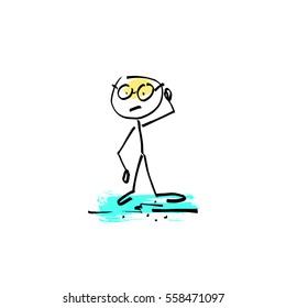 hand drawing sketch doodle human stick figure intellectual with glasses thinking on paint colored spot background, vector illustration