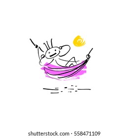 hand drawing sketch doodle human stick figure resting in a hammock in the resort on paint colored spot background, vector illustration
