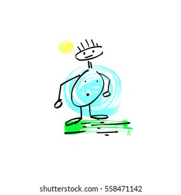 hand drawing sketch doodle human stick figure fat man on paint colored spot background, vector illustration