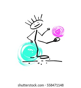 hand drawing sketch doodle human stick figure cheerful man playing with a ball on paint colored spot background, vector illustration