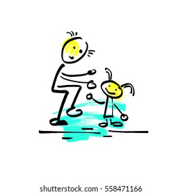 hand drawing sketch doodle human stick figure dad playing with his daughter on paint colored spot background, vector illustration