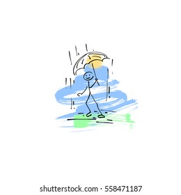 hand drawing sketch doodle human stick figure walking in the rain with an umbrella on paint colored spot background, vector illustration