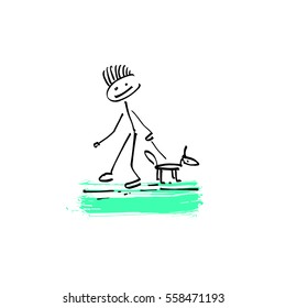 hand drawing sketch doodle human stick figure man walking with a dog on paint colored spot background, vector illustration
