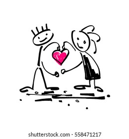 hand drawing sketch doodle human stick figure couple in love with a heart on paint colored spot background, vector illustration