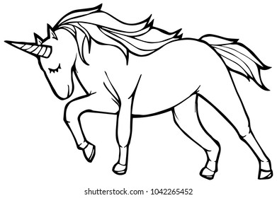 Hand Drawing, Sketch, Doodle on Isolated Background - Cute Black and White Unicorn Horse Animal Fantasy Magic Dream Girl Art Detailed - Graphic Design Resource, Elements, Vector Illustration