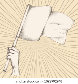 Hand drawing, sketch. Flag in hand on the background of radial rays on a neutral background.