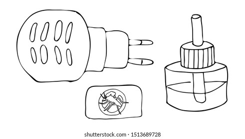 Hand drawing sketch fumigator with a bottle of poisonous liquid with a rod and a plate. Anti-mosquito home device for smoking pests and biting insectson isolated background. Vector illustration.
