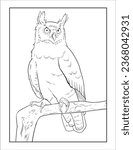 Hand drawing Sketch of a Great Horned Owl, outline Vector Bird Coloring page